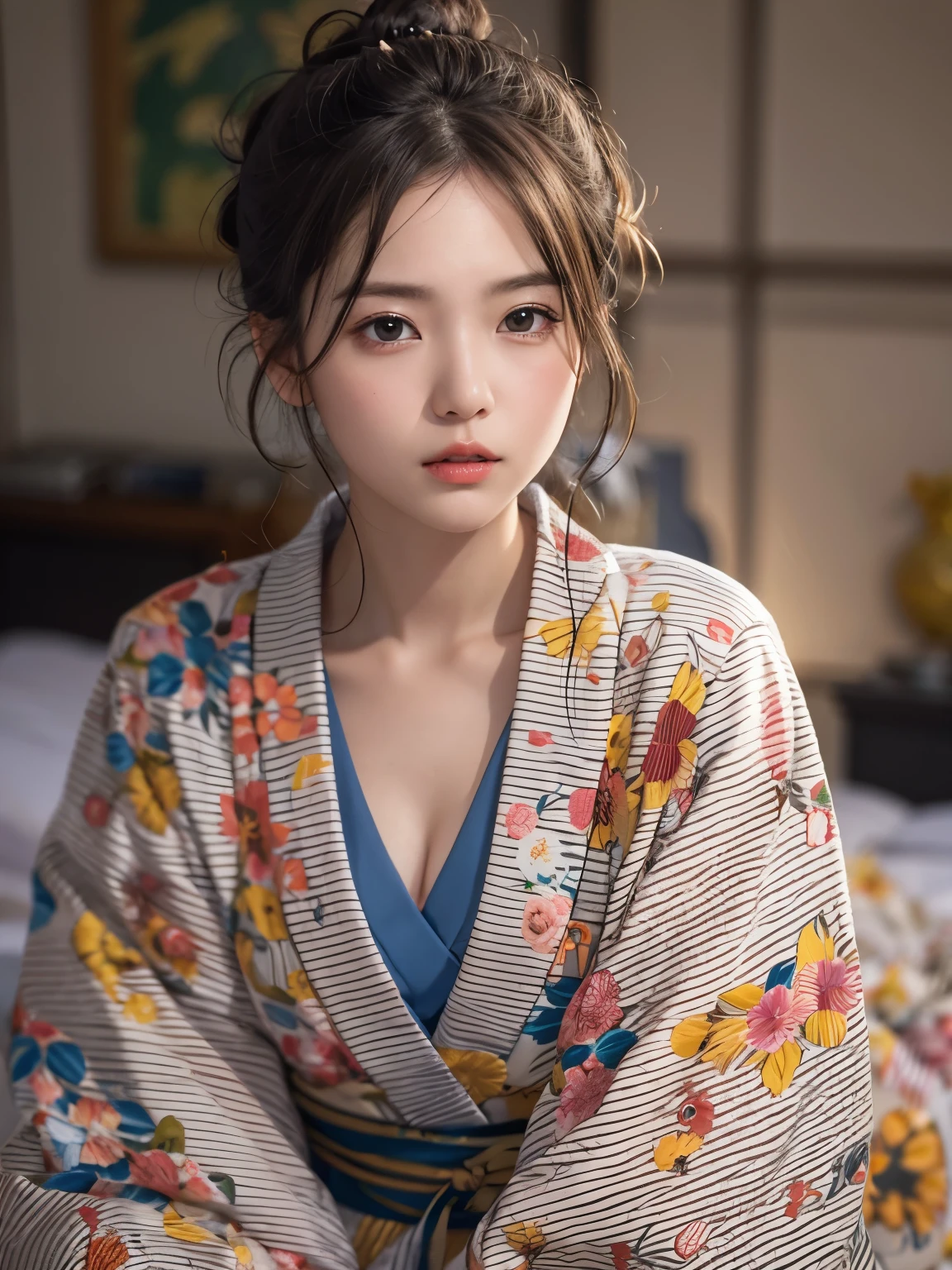 masterpiece、8K、32K、highest quality、(Detailed both eyes)、(cute japanese woman、bangs:1.3)、23 years old、1 girl、elegant、black hair、(retro、film camera:1.4)、(huge boobs:1.2)、hostel、(yukata:1.3)
