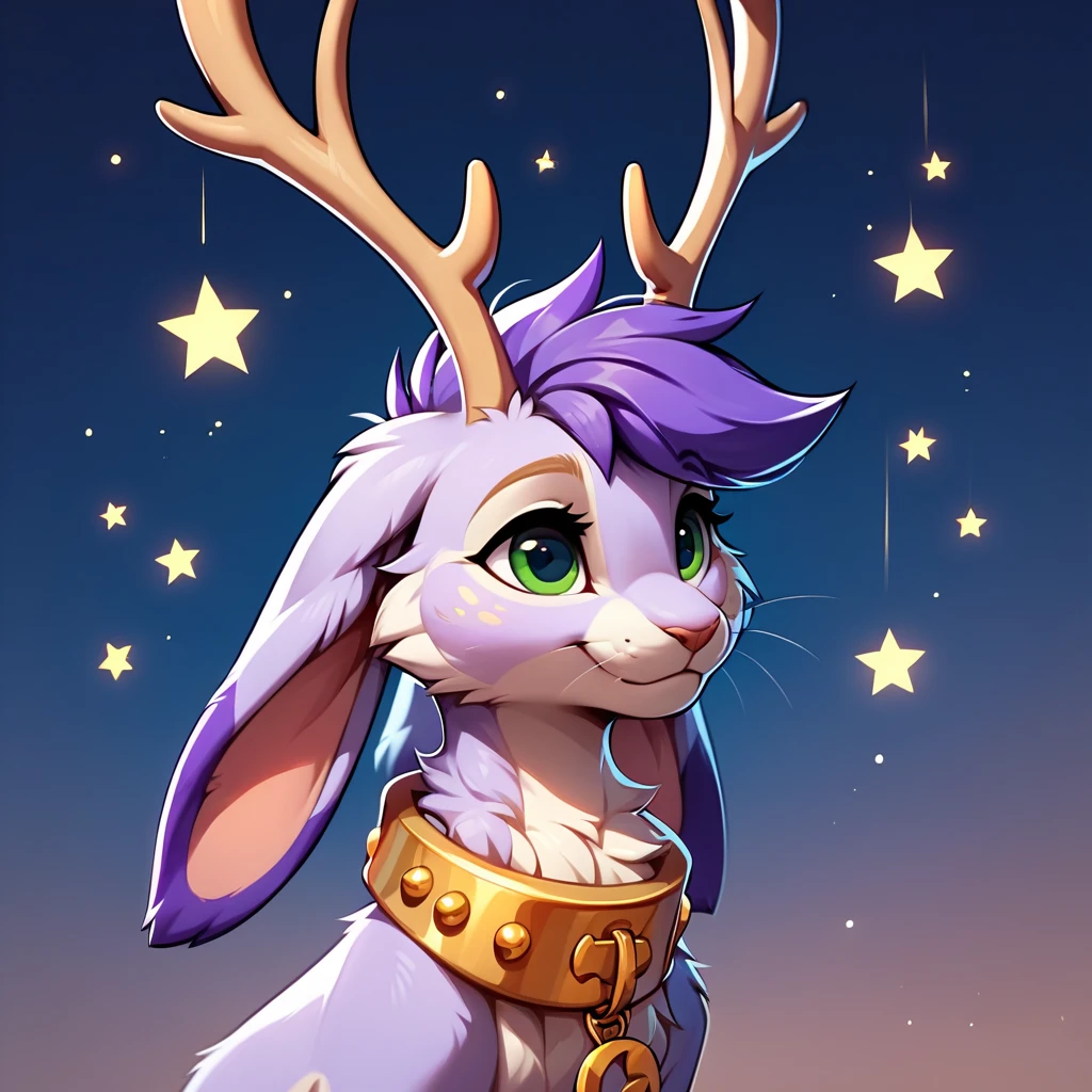 score_9, score_8_up, score_7_up, score_6_up, score_5_up, no humans, rating_safe, purple furred buneary with lop ears and fluff, green eyes, and a giant oversized golden collar with symbols around neck, antlers , night background