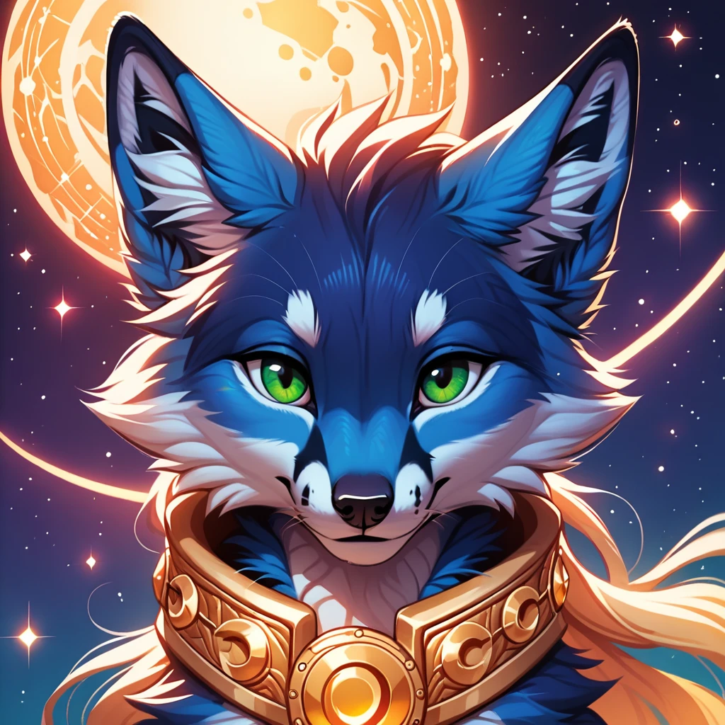 score_9, score_8_up, score_7_up, score_6_up, score_5_up, no humans, rating_safe, blue furred buneary with fox ears and fluff, green eyes, and a giant oversized golden collar with symbols around neck, cosmic chaos , cosmic background