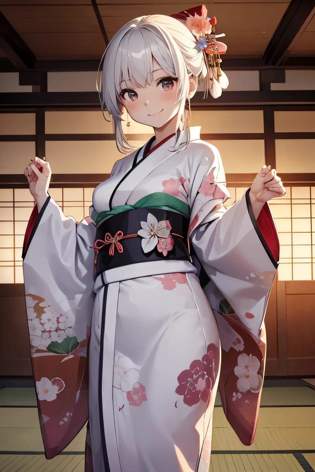    Japanese Women, Japanese-style room , upright posture ,kimono,COMPLETE ANATOMY ,Best Quality,On the futon,((( slightly brownish white hair, hair that reaches the shoulders ))), (((rotate,spread arms))),(((Spinning woman ,dancing))),(((Smiling face))),(( imaginary)), (((赤い生地に白の花柄模様のkimono)))