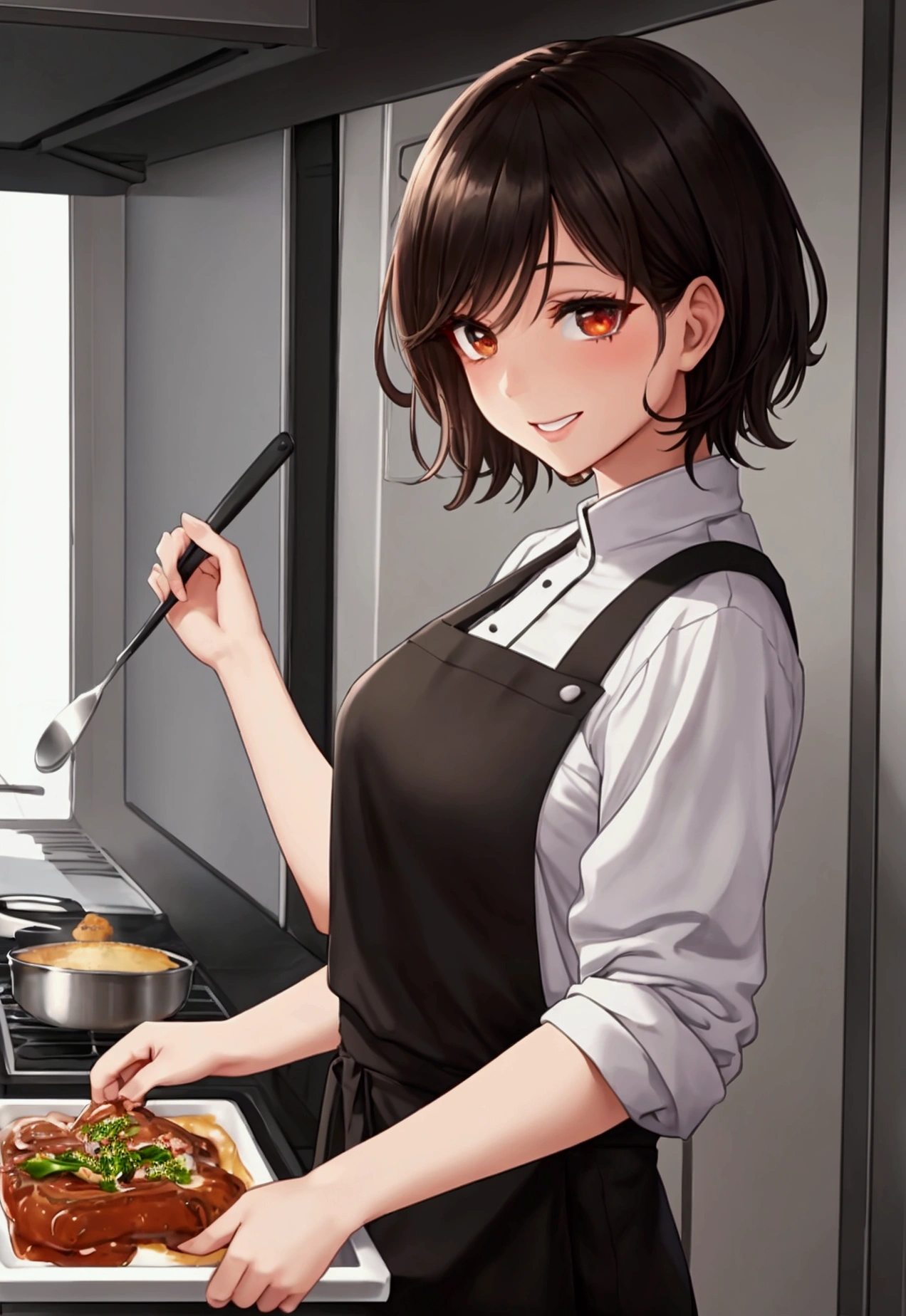 Score_9, score 8_up, score 7_up, high quality, semi realistic, uhd, 1girl, beautiful, very short brown hair, very short hair, messy hair, without bangs, hazel eyes, eye highlights, fair skin, eyelashes, red eyeshadow, smiling, sparkling, side view, looking at the side, upper body, chef, black chef uniform, black apron, black pants, black shoes, charming, kitchen background, standing, holds served burned food, embarrassed, anime scene, windy scene