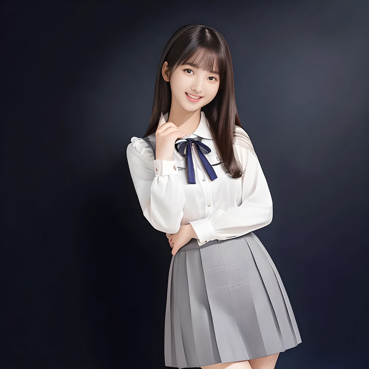 (Highest quality, masterpiece:1.2), Highest quality, High resolution, 1080P, 8k, height: 158cm, (A **** Japanese beautiful fashion model is seated, cute skirt with beautiful knees, putting her hands front and beautiful fingers, looking at the viewer, can't stop showing cute smile open mouth because of feeling too funny about the viewer, very white-white face, very proud of her long straight hair, using face-whitening cosmetics, prominent eyes, opened laughing giggling most open mouth, too expensive luxurious glossy feminine frilled ivory silk blouse, luxurious navy-checkered-pleats-school-skirt and bewitching ribbon on the breast, well-straitened super-super-long well-trimmed long hair: 1.5), (white thighs and knees: 1.7), (Well-balanced, prominent, lovely, drooping, double-eyelids, brown shiny large prominent eyes with detailed: 1.5), ((Beautiful well-figured glossy opened laughing lips: 1.2)), (mature breast), (Girl whom everyone loves because of her beauty and beautiful eyes and lovely fashion and noble manner), (Very beautiful, super-glossy, cute neat black amazingly long hair, straight well-done long hair-style: 1.3), (Drives me crazy for her glossy neat long hair and make me fall into love), (plain blue background: 1.6), (Best style like a **** fashion model, mature breast), (((Completely balanced beautiful big big eyes, looking at me))), (eyes, face and hair are especially beautifully detailed and beautifully drawn: 1.5), (Satisfactory best shot by professional famous photographer for school girl's beauty: 1.5), (The soft white light clearly shows her face extremely white: 1.2), (Feel too luxurious and expensive, girly frilled), (Very soft laughing cheeks, very soft hands pulling the breast ribbon down, People who touch it feel eternal pleasure: 1.2), (Super long hair **** too much beautiful **** idol in Japan, luxurious girly fashion, shot from her side: 1.8)