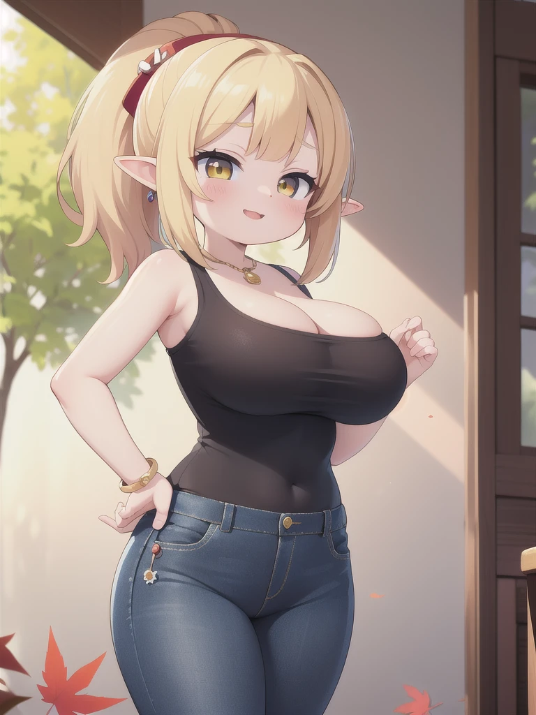  masterpiece,  best quality,  high resolution , (( Waifu thin and thick :1.3)), large breasts, Elf, yellow eyes,  short blond hair in a high ponytail, ( noir), (pull "virgin killer":1,3), (jeans noirs), jewelry, Cowboy shot , red maple tree, automne, happy, sunlight,