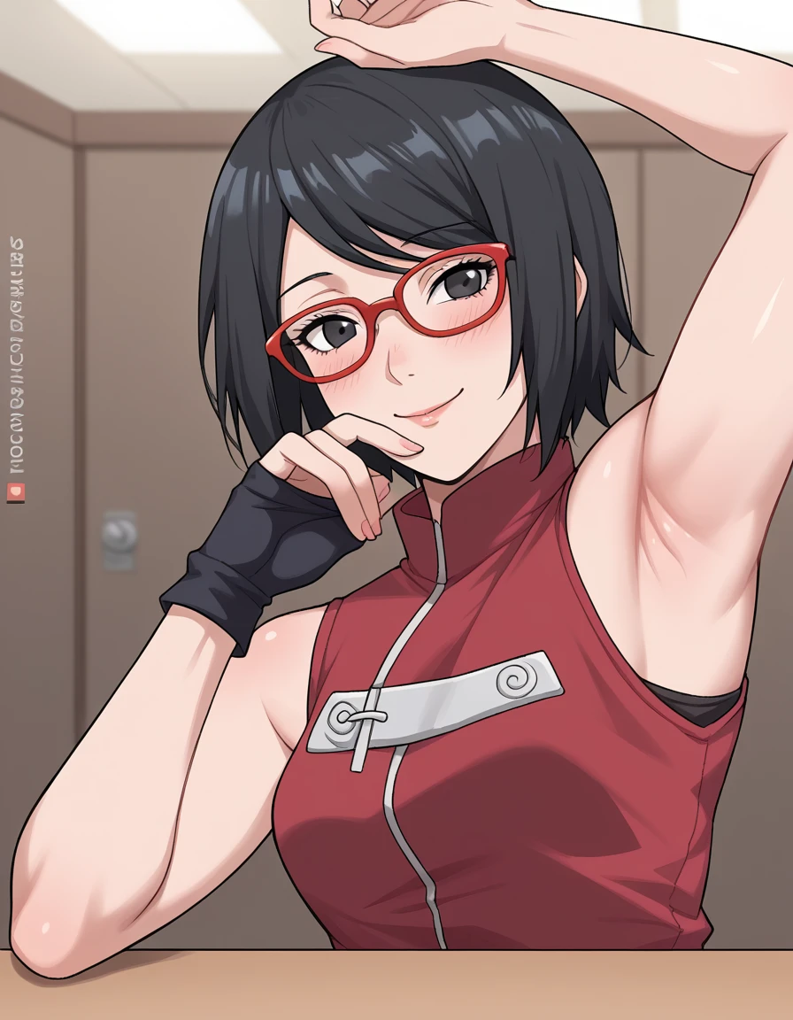 anime screencap, uchiha sarada, glasses, short hair, black eyes,skinny, absurdres , 1girl, small breasts, solo, cleavage, open mouth, looking at viewer, smile, leaning forward, downblouse, blush, collarbone, low-tied, short hair, small breasts, obi, off shoulder, :d, bent over