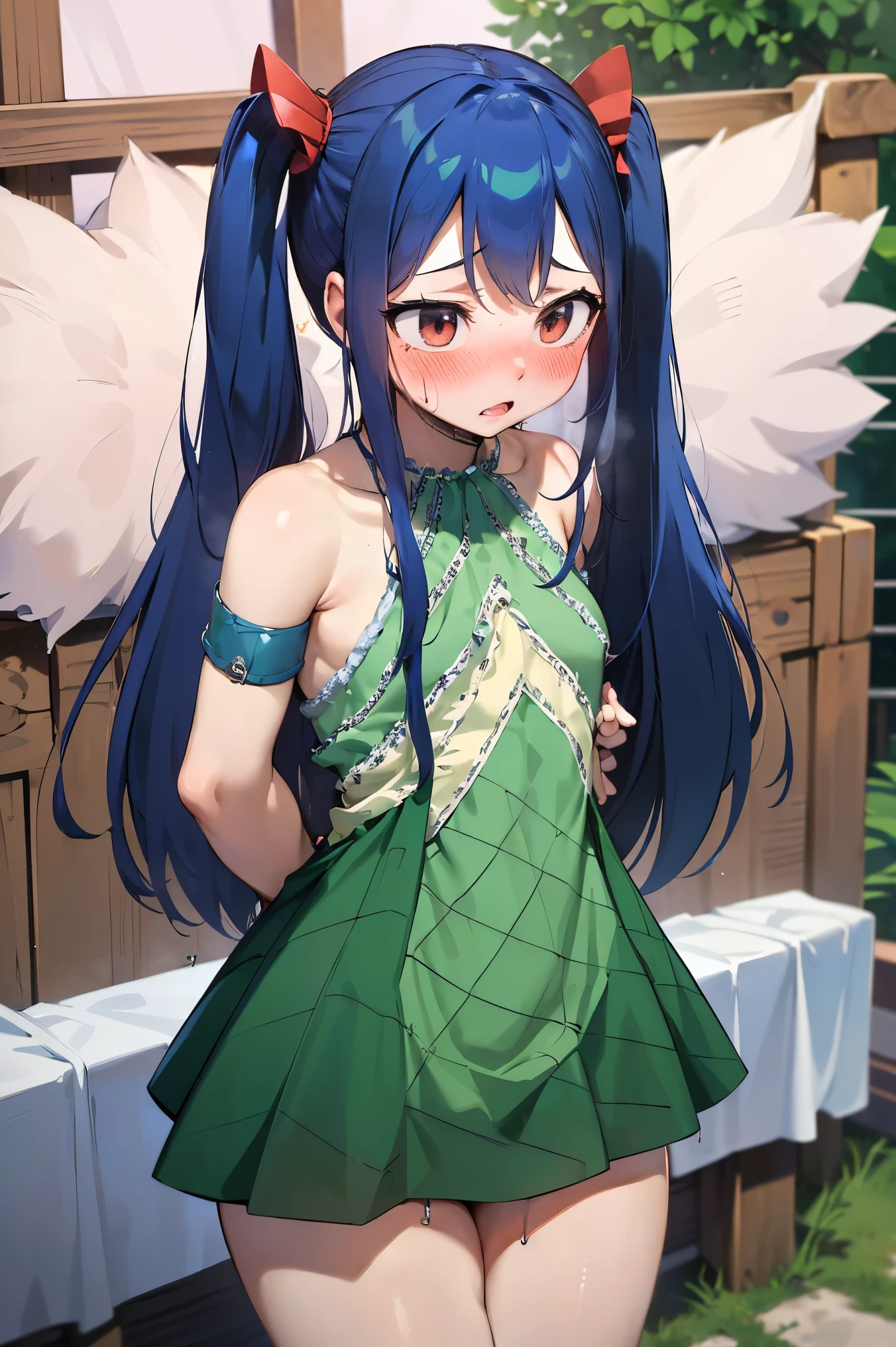 NSFW,masterpiece,Best Quality, Hi-Res, very detailed,Wendy\(Fairy Tail\), long hair、 twin tails、Hair accessories、Showing shoulders、Green Dress、 Sleeveless Dress 、Bracelet、 Bracelets,(Embarrassed:1.3),(blush:1.5),Night Inn ,Private room,(Prostitute:1.5)