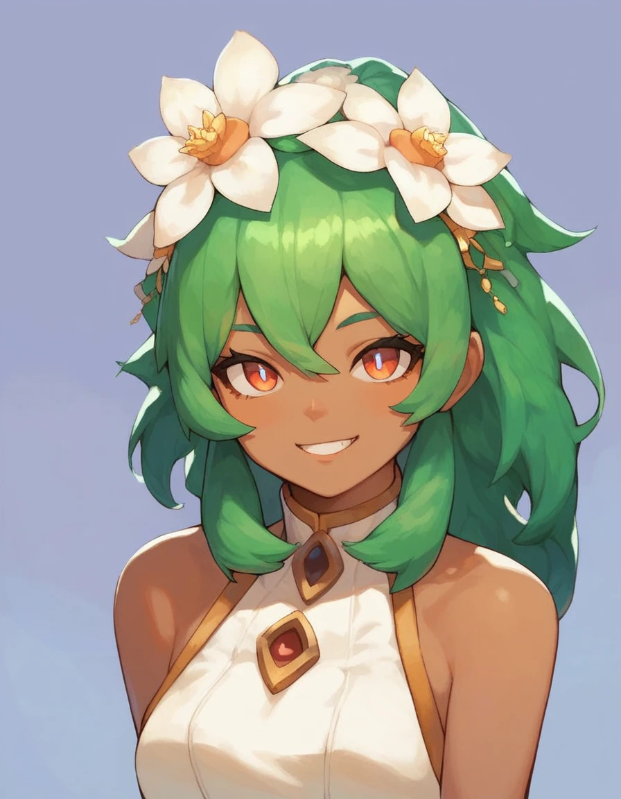 score_9, score_8_up, score_7_up, score_6_up, BREAK, source_ cartoon , source_anime,
 1girl, amaliayoung ,  green hair,  long hair, hair flower,  dark skin , bare shoulders, tubular top,
upper body, smile, looking at the viewer, One, simple background 