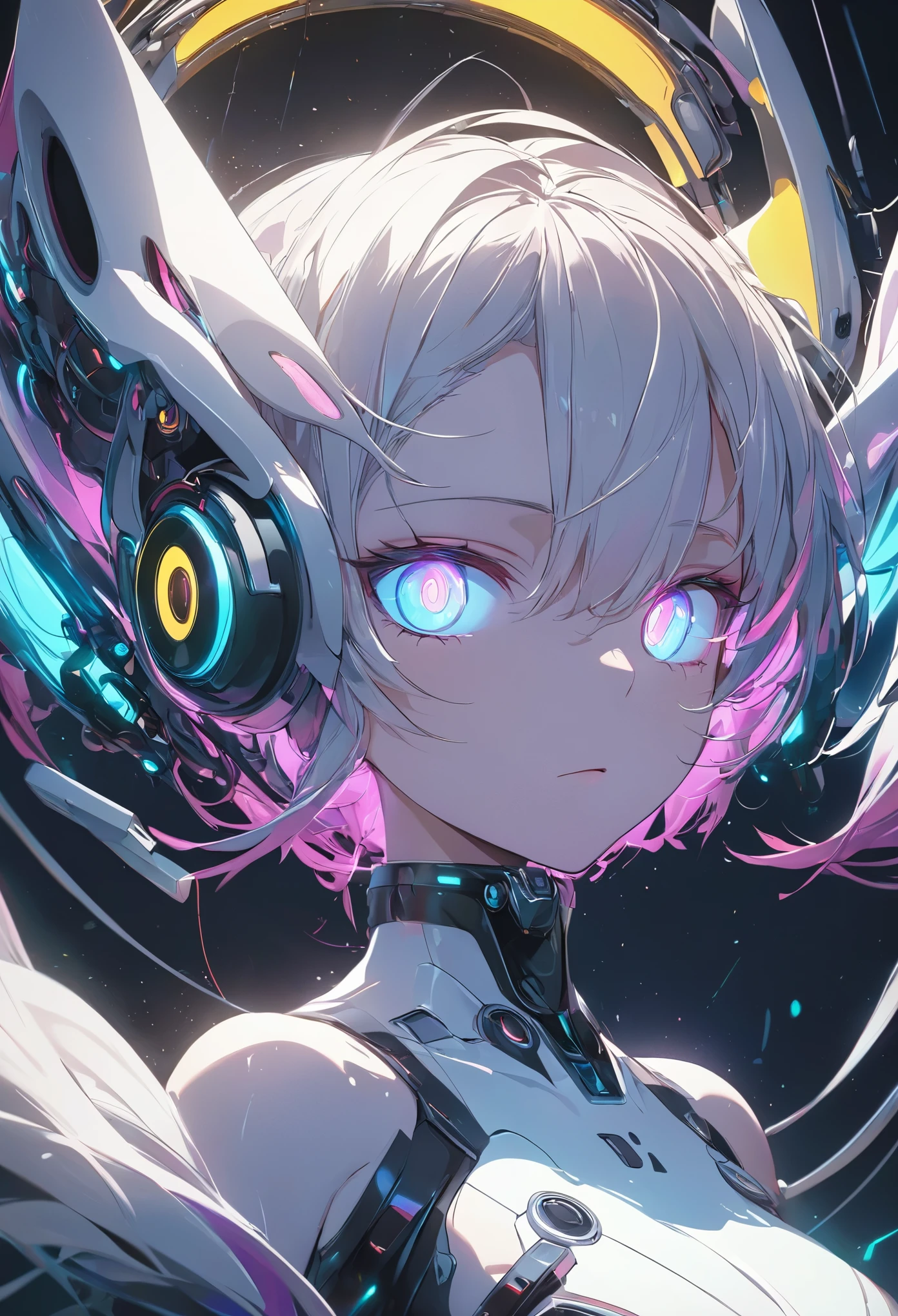 glowing eyes, colourful glowing hair, gradient hair, dj set, anime style, high detail, Futurism, glowing light, UHD, retina, masterpiece, ccurate, anatomically correct, textured skin, super detail, high details, high quality, award winning, best quality, highres