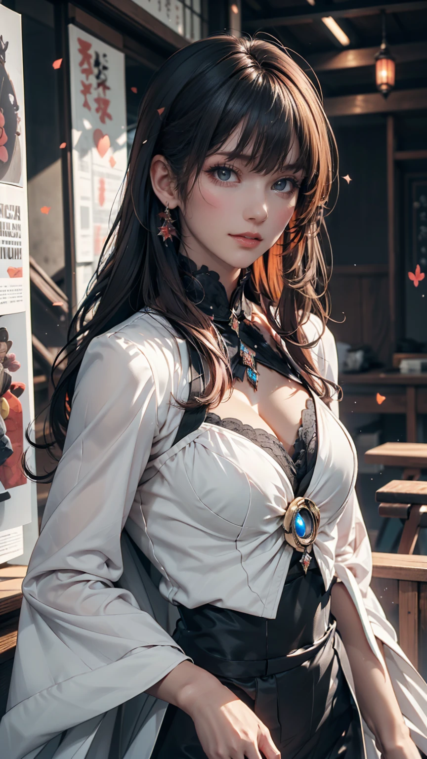 (masterpiece:1.3), (8K, Realistic, RAW Photos, Best image quality: 1.4)、 age,(Random Hairstyles:1.2)、Cleavage:1.2、Highly detailed face、Attention to detail、double eyelid、Chest to chest、Sharp focus:1.2、Beautiful woman:1.4、Redhead、Highest quality、masterpiece、Ultra-high resolution、(Realistic:1.4)、Highly detailed and professionally lit smiles、Loose fitting steampunk outfit、Shoulder out、thin、Serious expression、Smoking a long cigarette in a dark bar