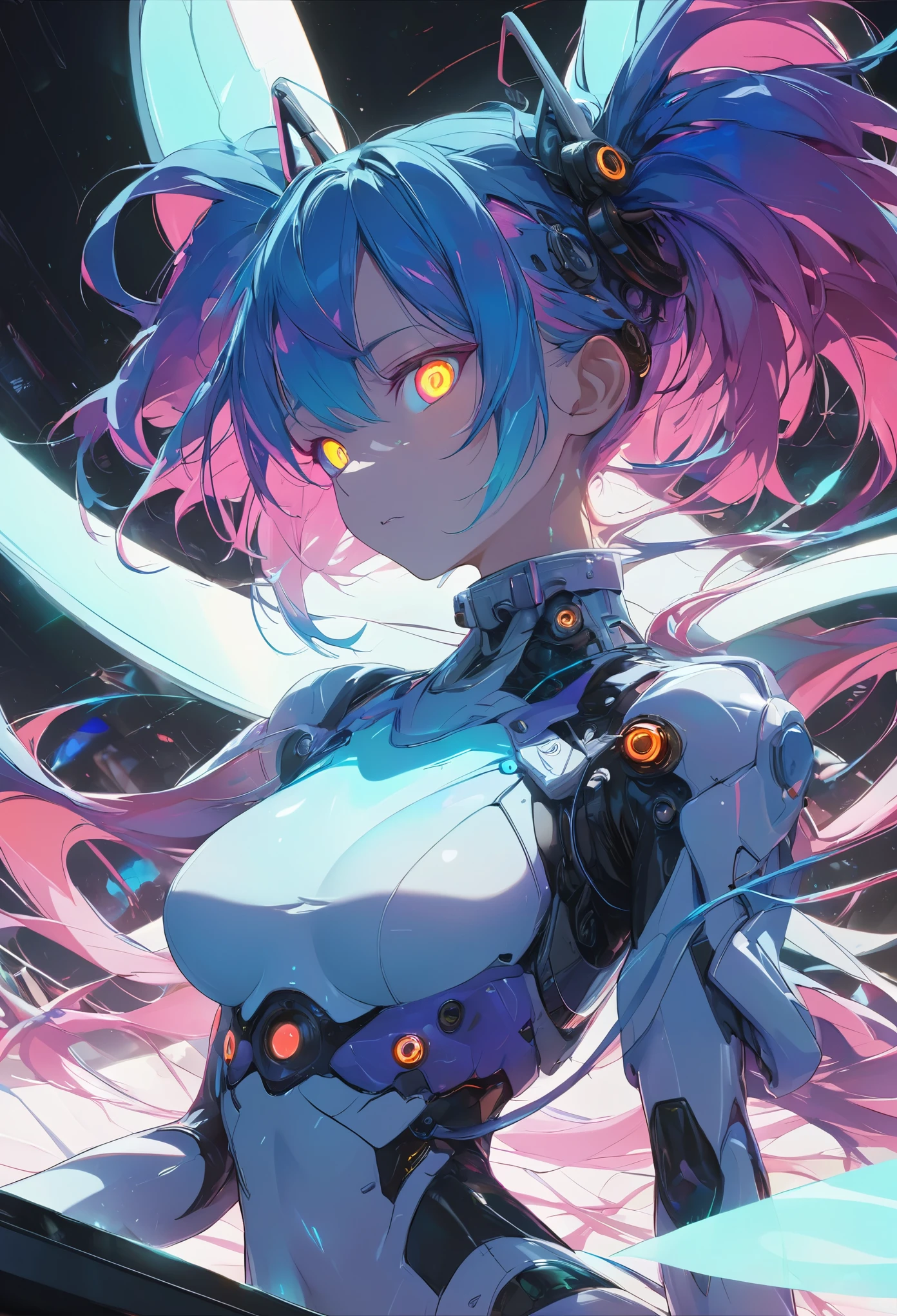 glowing eyes, colourful glowing hair, gradient hair, dj set, anime style, high detail, Futurism, glowing light, UHD, retina, masterpiece, ccurate, anatomically correct, textured skin, super detail, high details, high quality, award winning, best quality, highres