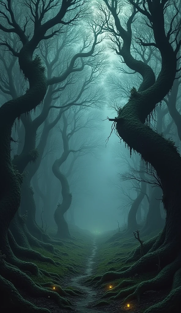 The forest path, with twisted trees and eerie, glowing eyes peering from the darkness.