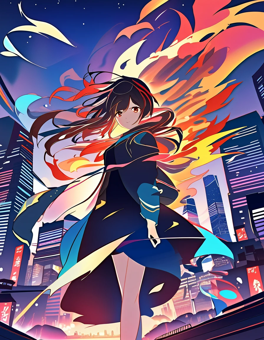 The Greatest Masterpiece, Dark Color, Shining World, Beautiful Girls Are Wrapped in Colorful Flames, the Inner World Melts into the Dark Tokyo Background Poster Art, Inspiring, One and Only, Beautiful 32k
