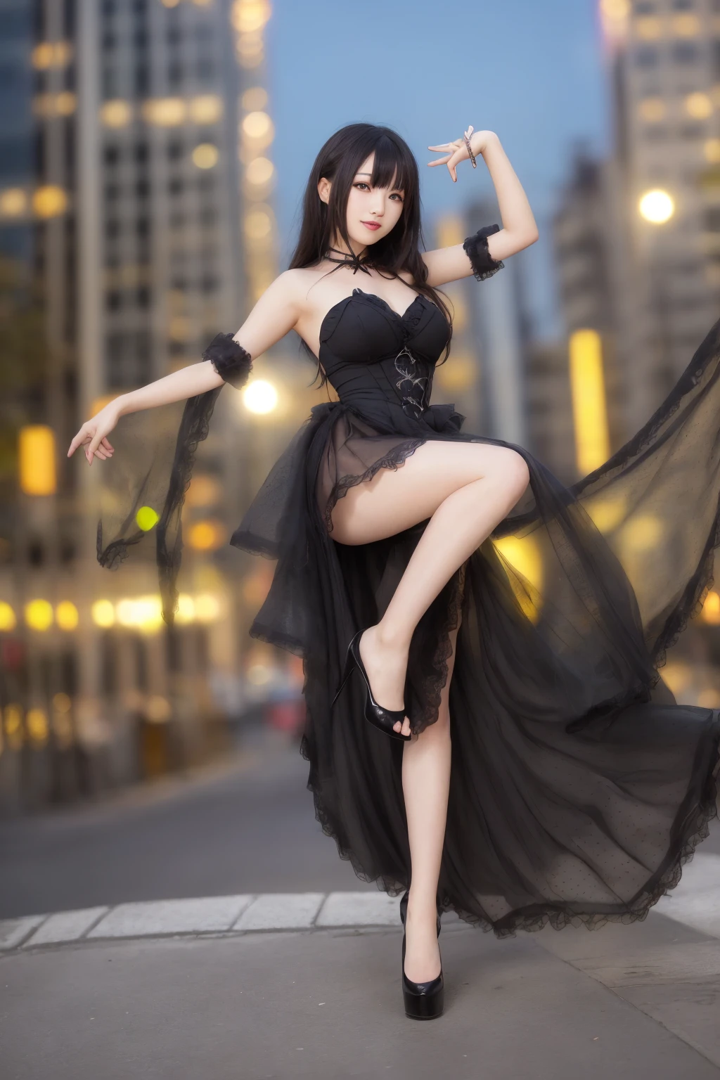 Japanese model in a black dress posing in front of the city, anime girl cosplay, anime cosplay, Gorgeous cosplay,  gothic pretty girl anime girl , elegant glamourous cosplay,  Anime Characters;glamourous cosplay, Professional Cosplay,  looking at camera、Detailed and beautiful eyes、Cute smile、 soft and gentle expression 