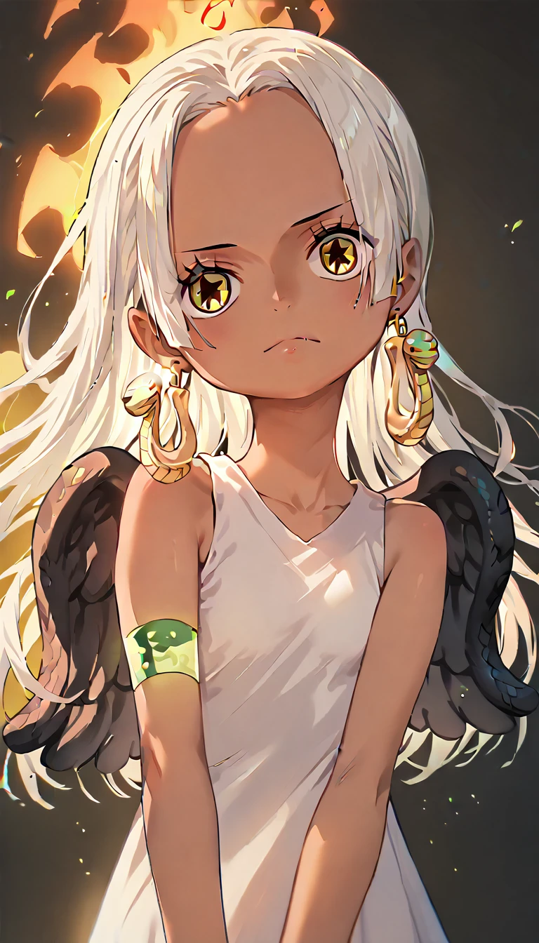 1 Girl,Earthsnake , Long Hair, white hair, Brown Skin、,  earrings for a woman alone, Yellow Eyes, symbol-shaped pupils,   black wings  ,  small breasts.  sundress,  white dress,  sleeveless, armlet、 cute、Flames on the back、