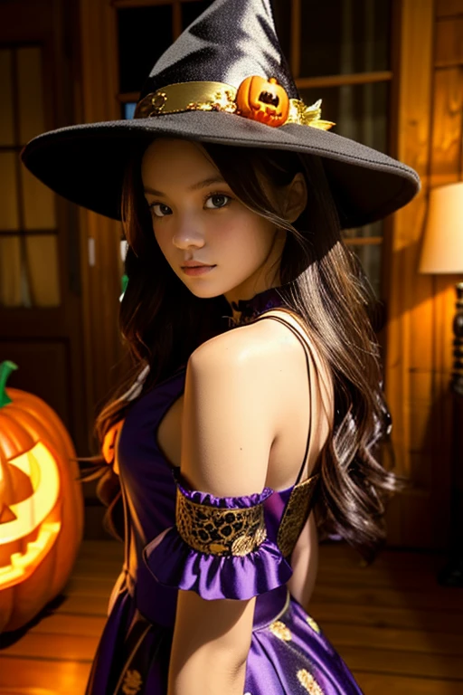 A soft, dream-like random shot of a young woman,
with blonde hair, long wavy hair
She is wearing a black witch hat with gold decorations
on it. Her dress is dark purple floral dress with puffed sleeves. dark puffy skirt ,
hand holding wooden broom
looking across her shoulder

Around her are Halloween-themed decorations ,

The setting is an eerie, gothic Halloween scene with carved jack-o'-lanterns and dried hay surrounding her in a dimly lit, antique room filled with wooden furniture.

The background is softly blurred,
creating a bokeh effect,
with sunlight gently illuminating the scene.
sunlight on her skin

Style: Realistic photography with a dreamy, soft focus effect,
capturing the essence of beauty and nature in harmony.

Lighting: Natural lighting,
creating soft shadows and highlights on the model's face and surroundings.

The overall mood of the image is peaceful and serene.

random shot ,