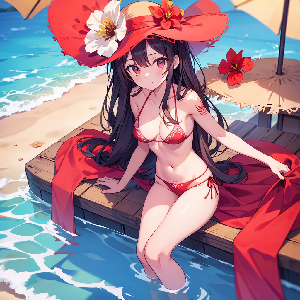 hd,8k,ultra qualty,1girl, ((solo)), hutao_genshin, standing, neck bell, flower, bare arms, very long hair, long hair, twintails, brown hair, red eyes, stomach, cleavage, choker, sidelocks, symbol-shaped pupils, smile, bikini, on stomach, ((flower-shaped pupils)), red bikini, navel, red flower, black choker, bare shoulders, hair ornament, strap slip, hair flower, thighs, day, outdoors, thigh gap, plum blossoms, bell, blush, looking at viewer, ((sky)), blue sky, (beach), sea, sand, black hat, black chinese hat,