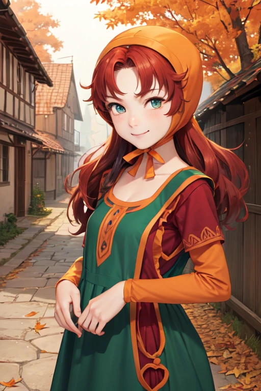 masterpiece, best quality, maribel, red hair, hood, long green dress, orange sleeves, looking at viewer, standing, furrowed brow, smile, upper body, village, autumn 