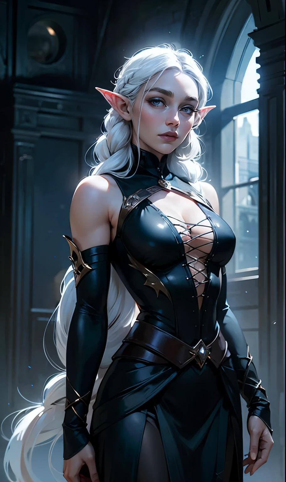 naked ,elf girl, 1girl, horns, red eyes,dark black dress, white hair, grey skin, cowboy shot,