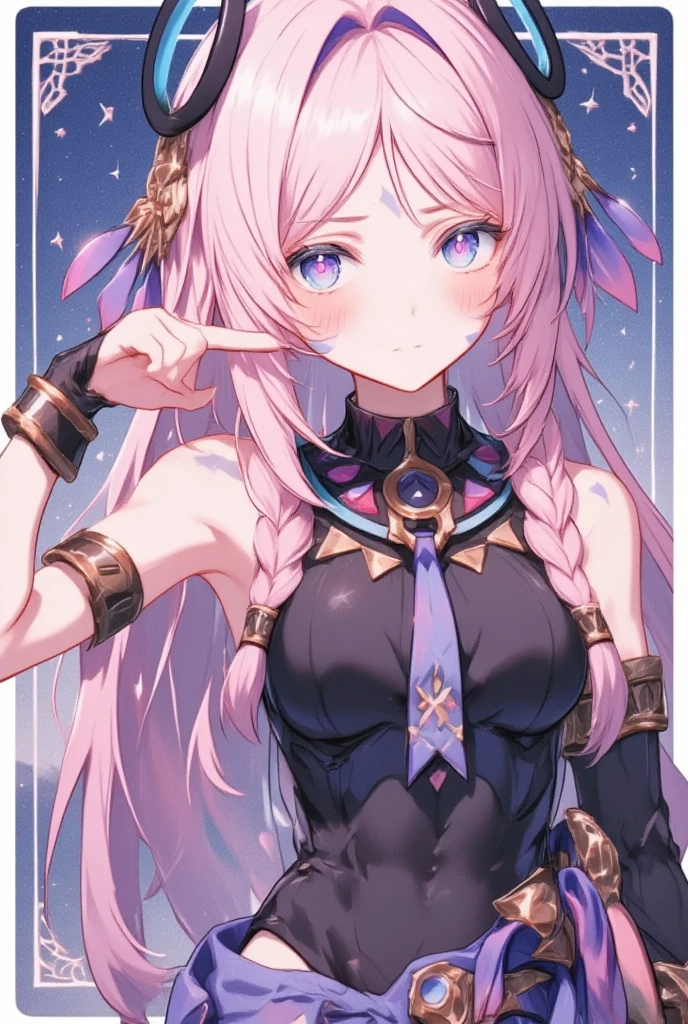 1girl,solo,cowboy shot,pink hair,parted bangs,very long hair,twin braids,hair ornament,facial mark,blue eyes,pink pupils,citlali official character costumes,citlali,meadow,star night