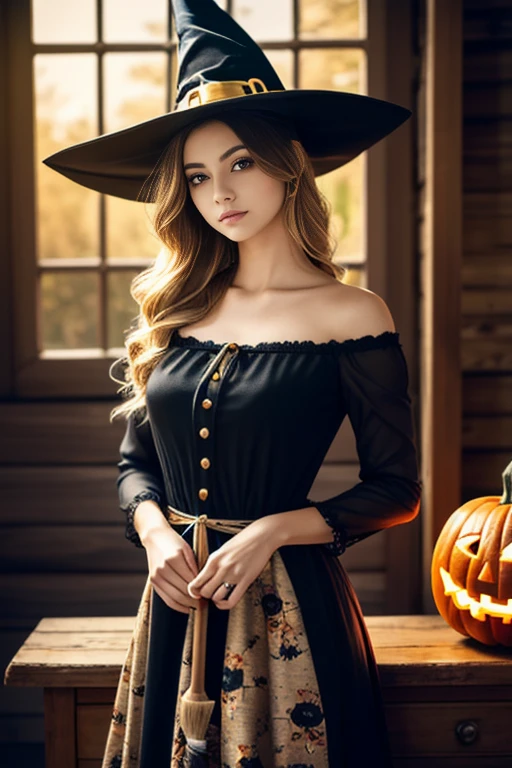 A soft, dream-like random shot of a young woman,
with blonde hair, long wavy hair
She is wearing a black witch hat with gold decorations
on it. Her dress is dark purple floral dress with puffed sleeves. dark puffy skirt ,
hand holding wooden broom
looking across her shoulder

Around her are Halloween-themed decorations ,

The setting is an eerie, gothic Halloween scene with carved jack-o'-lanterns and dried hay surrounding her in a dimly lit, antique room filled with wooden furniture.

The background is softly blurred,
creating a bokeh effect,
with sunlight gently illuminating the scene.
sunlight on her skin

Style: Realistic photography with a dreamy, soft focus effect,
capturing the essence of beauty and nature in harmony.

Lighting: Natural lighting,
creating soft shadows and highlights on the model's face and surroundings.

The overall mood of the image is peaceful and serene.

random shot ,