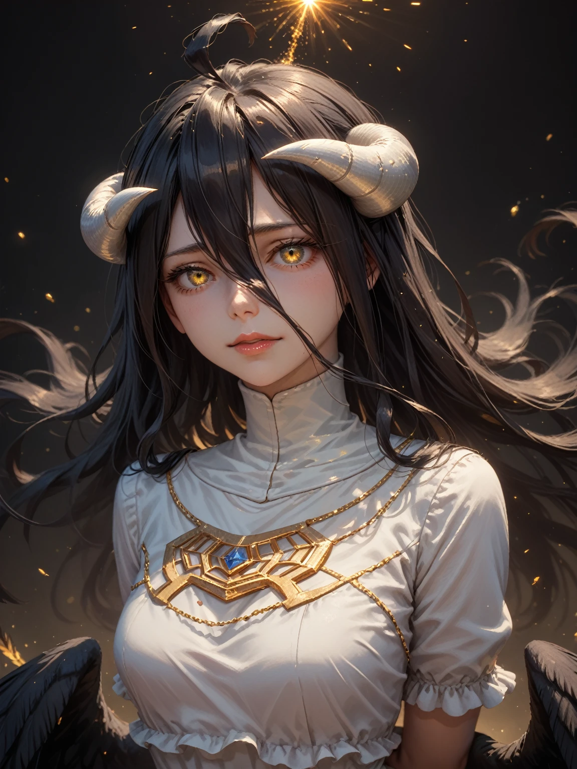 A high resolution, Sharp focus, Pixiv masterpiece, ((Intricate details)), Highly detailed, 1girl, Black wings, Gold-white dress, White horns, Albedo_Overlord, Black hair, (Low wing,:1.1), Upper body, black background, gold dust, gold sparks, gold particles, ((arms behind back)), big yellow eyes, 