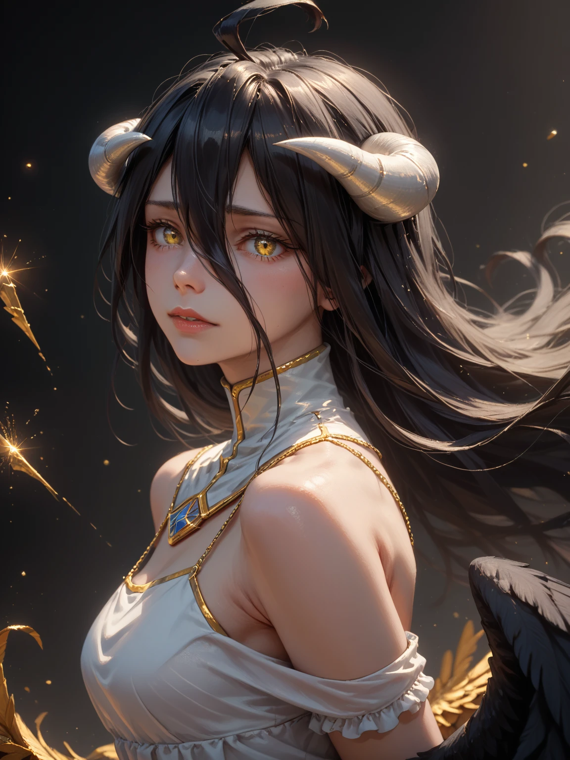 A high resolution, Sharp focus, Pixiv masterpiece, ((Intricate details)), Highly detailed, 1girl, Black wings, Gold-white dress, White horns, Albedo_Overlord, Black hair, (Low wing,:1.1), Upper body, black background, gold dust, gold sparks, gold particles, ((arms behind back)), big yellow eyes, 