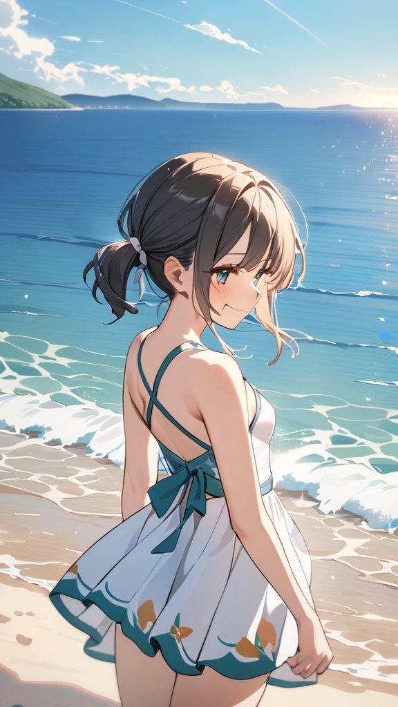 Brown haired girl wearing a blue bikini (with your back to the camera) em uma praia