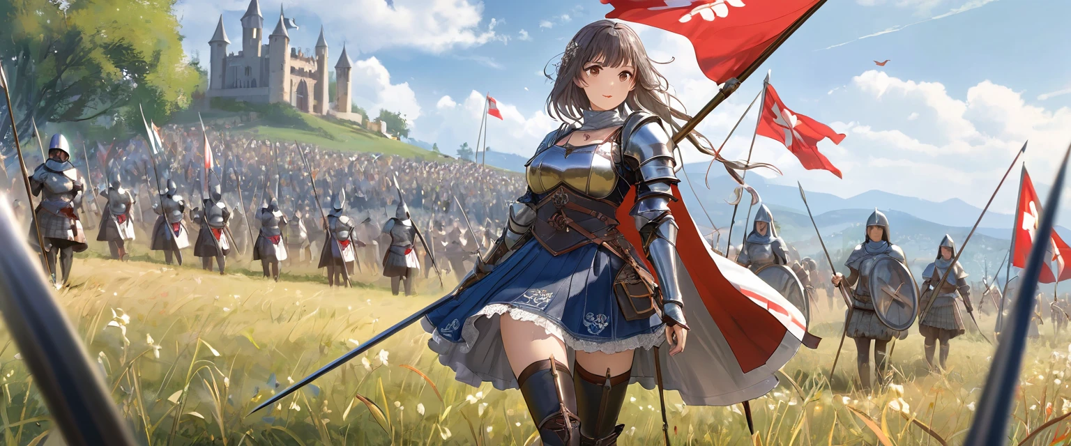 (  Highly Detailed CG Octane Rendering 8K Wallpaper ),  World's Most Beautiful Artwork  ,  Long Spear with a Flag , Complex,  high detail, ８  girl , Silver embroidery, Medieval Long Cotton Dress （With panniers）, cotton cloth,  will raise their skirt , Strong winds, Transparent slip, Translucent Tights  , Peeking from below, Best Quality, Disarray of clothing,  lies down, underwear,  show off your thighs, knight , Skirt lining, Bloomers、 Leather Armor、 with a flag attached to a long spear ,battlefield、grassland