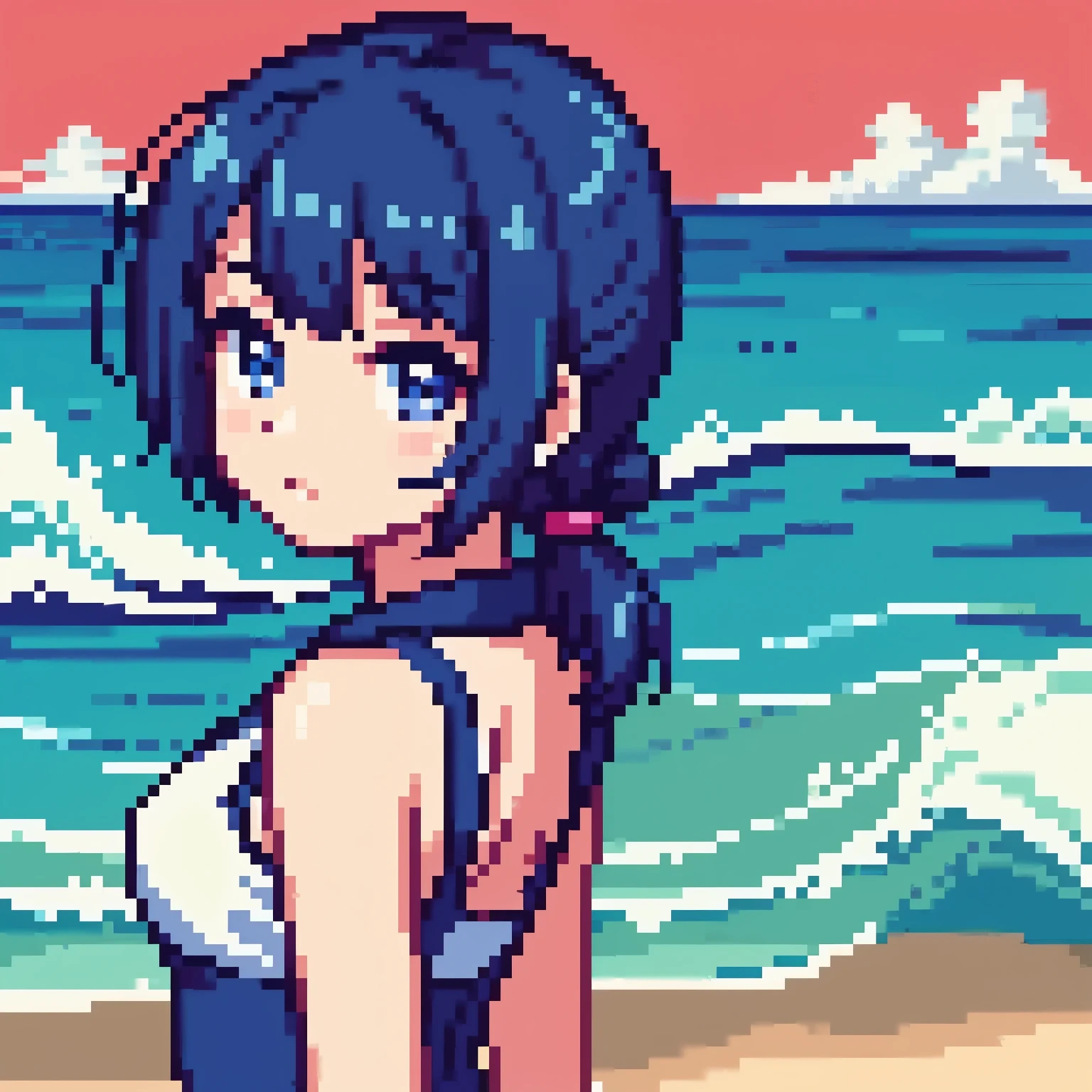 score_9, score_8_up, score_7_up, pixel art, 1girl,long shot, pool background, wearing a monokini, lovely lighting, bob cut hair, grey eyes, confused expression