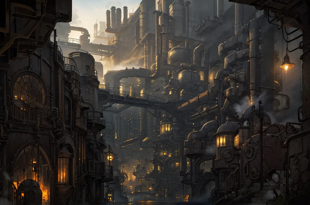 underground, extensive chemical factories, industrial magical liquids and tankers, smoke, tubes, pipes, arcane industrial street, dark eco industrial fantasy underground city street, arcanepunk, eco style, glass domes, diamond shaped windows, street arcane, street view, dark, zaun