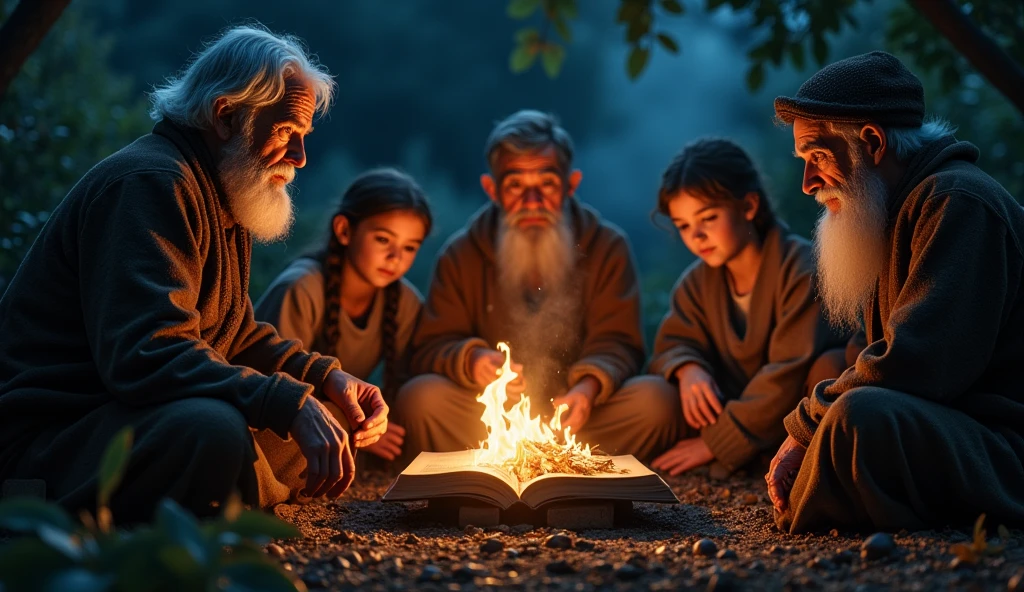Png elders sitting around a fire and telling stories to the children