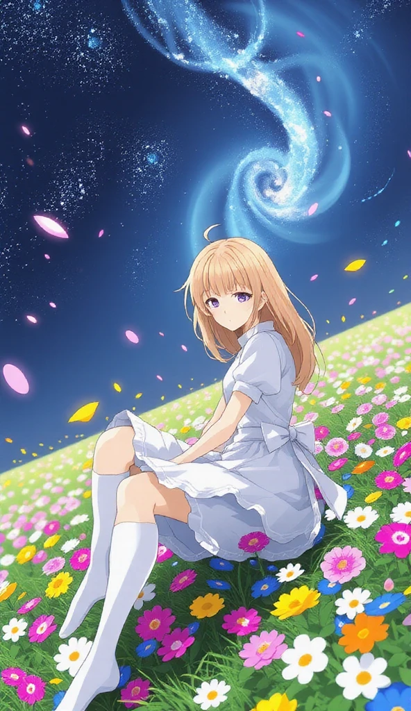 score_9, score_8_up, score_7_up, score_6_up, extremely detailed illustration, official art, super fine illustration, ultra-highdetail, white and blue theme, superb view, 1girl, blonde hair, medium hair, frill dress, white knee-high socks, blurry background, surrounded by vibrant flower fields, sitting, kneeling, starry sky, milky way, beautiful detailed sky