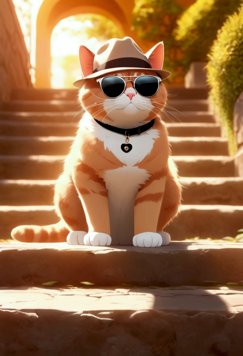 Cool anime cat on the stone steps, sunglasses, trilby, low angle