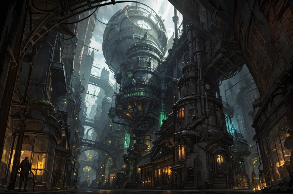 dark eco industrial fantasy underground city street, arcanepunk, eco style, glass domes, diamond shaped windows, street arcane, street view, dark, zaun