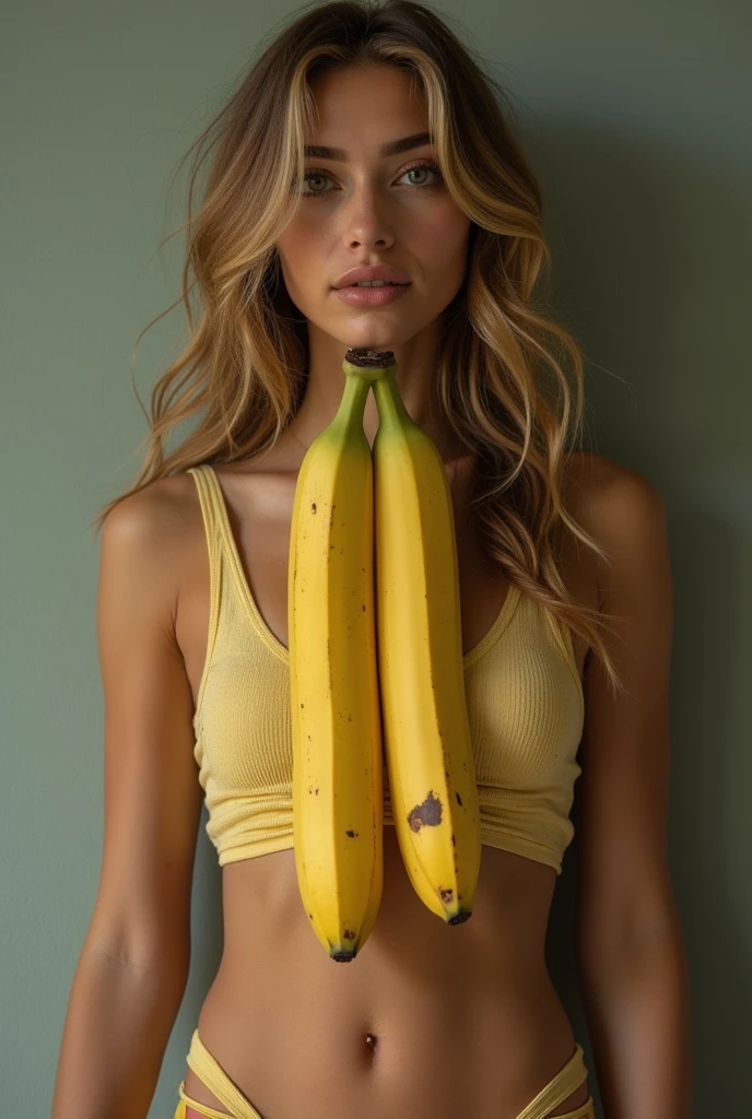 (masterpiece), best quality, very detailed face, ((old man wearing a black suit stands behind)) (((nude naked young girl who wears colorful tribal paint and smiles and has blond chignon hair and holds a banana))) and has blue eye and medium breast and nipple and thigh and tribal necklace and earring and tribal bracelet, standing in classroom, classroom, modern art on wall, old man in suit in the background,