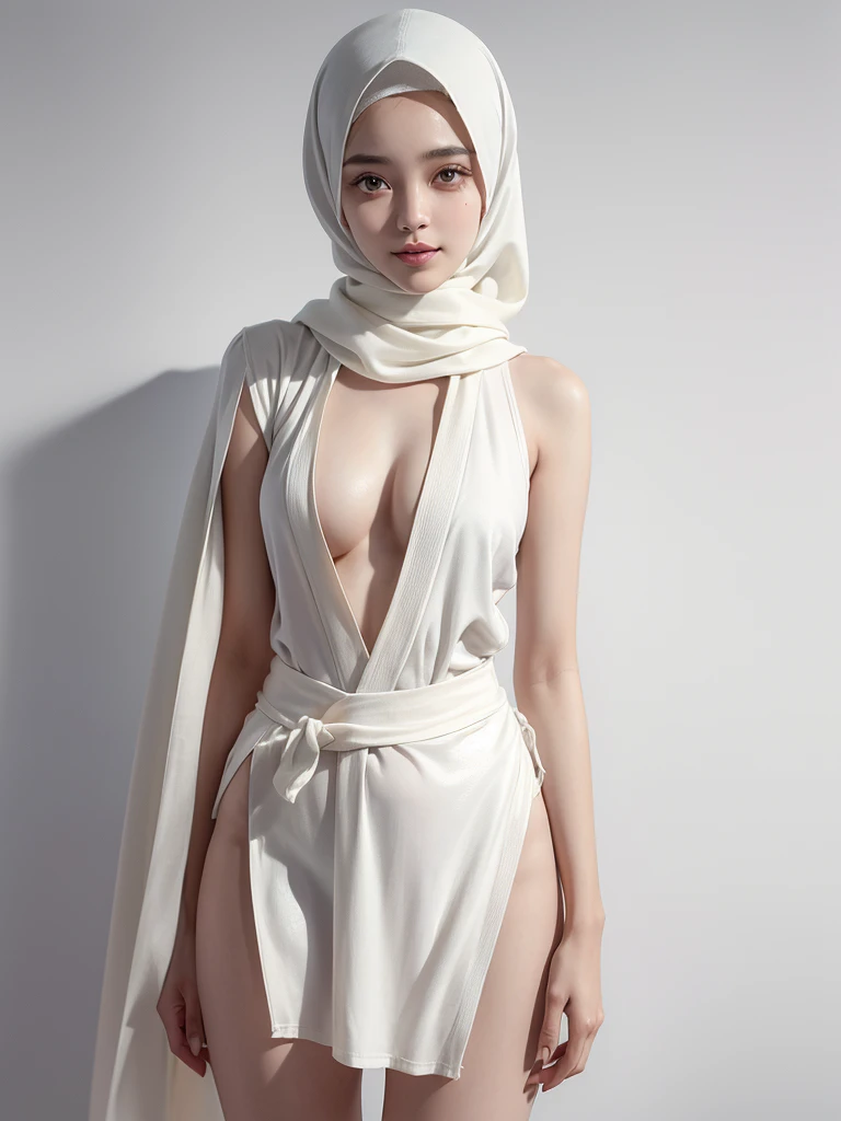 ((Leopard Pattern)), ((((HALF BODY PORTRAIT)))), Naked, (((VERY SHINY SKIN))), Very cute like a baby face, ((Stylish Hijab)), adorable, 1 girl, , baby face, shy, half body portrait,smile, (face details: 1), (eye details: 1), ((round large breasts, cleavage)). Cute posed. proportional body. Ultra High Res. (realistic: 1.9), UHD, ((SHINY SKIN :1.5)), ((V-neck ice silk suspender nightdress)),