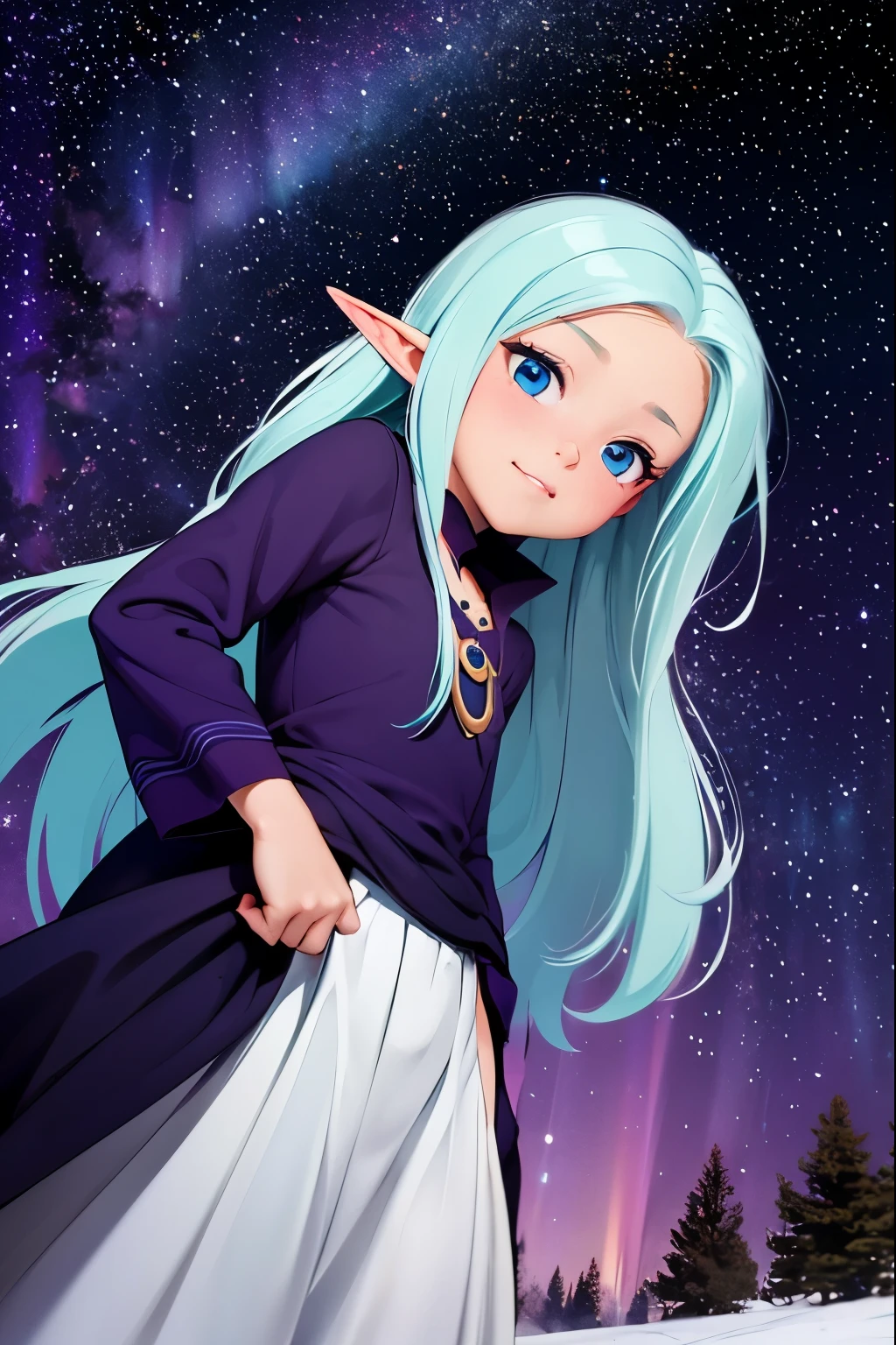  a very young girl ， short stature ，baby face， Elf Ears，is short，Hilly night sky，winter，winter colors, winter landscape,  starry sky ， aurora ，Sky color Prussian blue Cobalt blue Purple Cyan. Planet, Bright Star, meteor, Tree tops swaying in the wind, thre beautiful 茶色髪 girl in winter clothes observes the starry sky with a dreamy look，White Breath， Girl Temptation，From below，