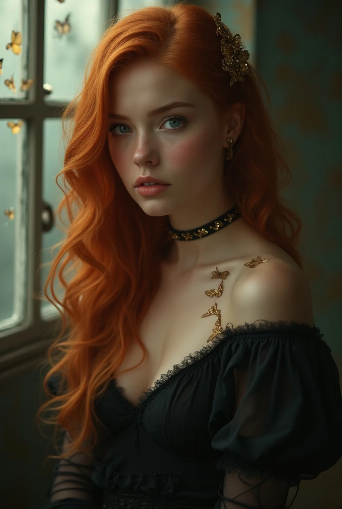a woman with red hair, hyper-realistic skin, shiny/glossy, modern jewelry, gongbi, portraiture, dark teal and light gold, tropical landscapes, Face portrait photo oF a 21 Year-old German woman, .raw, beautiFul woman, half strawberry lips, strawberry lipstick, Fossettes, big breast, realistic legs, high heels, nostalgic look, detailed light brown eyes, great student, thin eyelashes, (Brown extra long blond hair), ((detailed Face)), ((detailed Facial Features and skin texture)), (Finely detailed skin), light brown skin, (Deep neckline detailing high-tech cyberpunk dress), Cyberpunk big city environment, (cold colors), moist, moist, reFlections, (masterpiece) (height ratio / perfect width) (photo realist) (best quality) (detailed) Shot with Canon EOS R5, ObjectiF 50mm, F/2.8, human development report, (8k) (wallpaper) (light) (Dramatic Light) (sharp focus) (complicated), sharp details, skin detail sharpness, big breast, huge breast,
