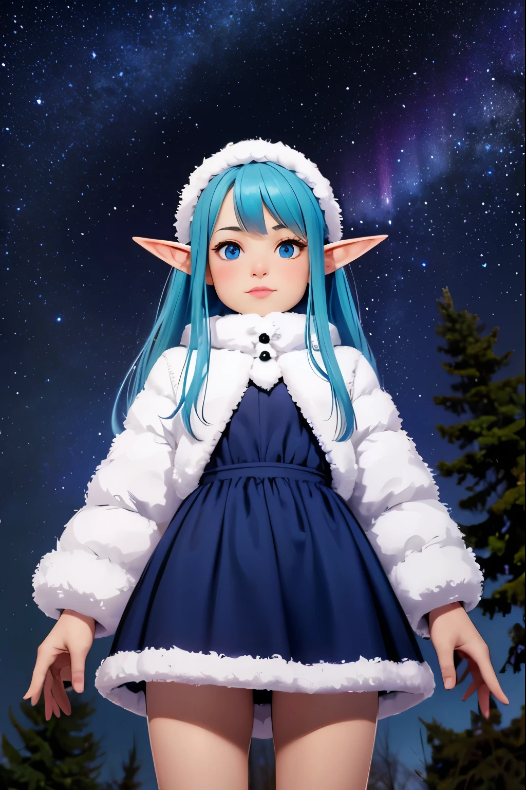  a very young girl ， short stature ， Fisheye Lens ，Baby Face，Elf Ears，is short，Hilly night sky，winter，winter colors, winter landscape,  starry sky ， aurora ，Sky color Prussian blue Cobalt blue Purple Cyan. Planet, Bright Star, meteor, Tree tops swaying in the wind, thre beautiful 茶色髪 girl in winter clothes observes the starry sky with a dreamy look，White Breath， Girl Temptation，From below，