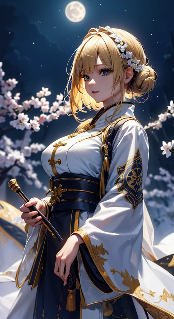 masterpiece, high quality, 4K, Beautiful design, silhouette,blonde, 非常に詳細な夜のStarry Sky,Flower Field, wonderful, Finer details, Very knowledgeable woman, Highly detailed solo, 1 female,Watery eye,Bunny ears,Big Breasts,White kimono,Night view,Starry Sky,full moon,