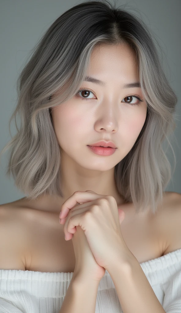 Beautiful woman with perfect body:1.4,Layered Hairstyle,Cleavage highlights:1.2,skirt:1.5,Highly detailed face and skin textures,Squinting,Double eyelids,Skin Whitening,White hair