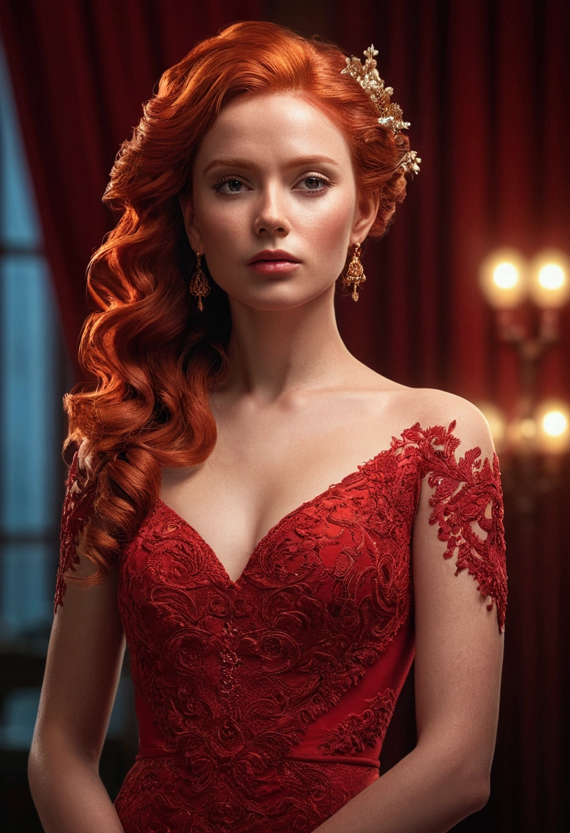 a beautiful woman in a red dress, detailed facial features, intricate hairstyle, elegant pose, dramatic lighting, photorealistic, cinematic, 8k, highly detailed, masterpiece, concept art, portrait, 1girl, red dress, red hair, dramatic lighting, photorealistic, cinematic, high quality, ultra-detailed