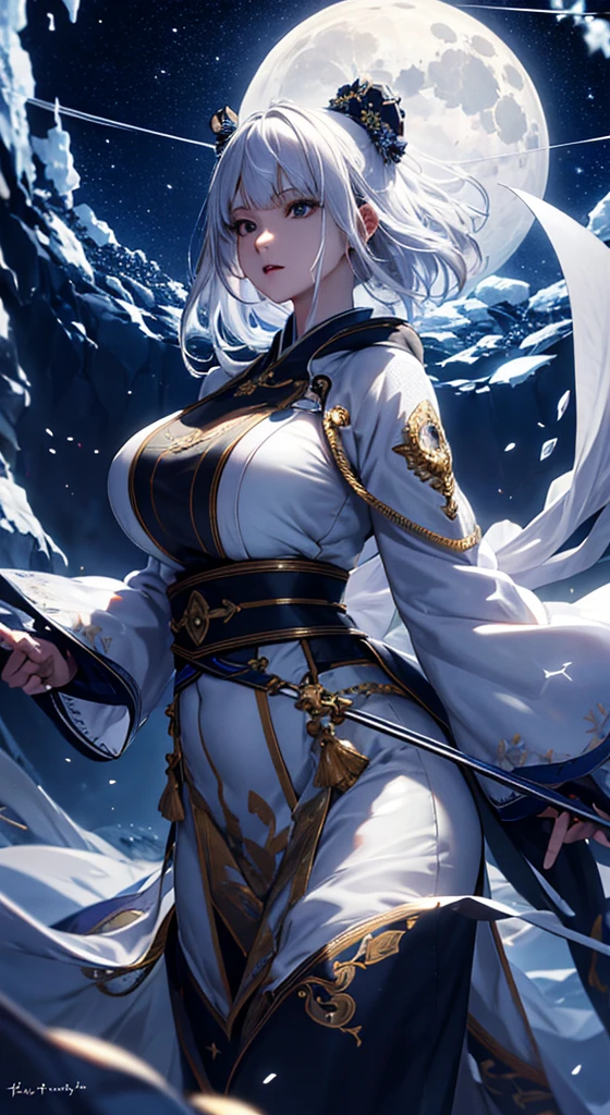 masterpiece, High image quality , 4K, Beautiful design, silhouette ,Platinum Hair, 非常に詳細な夜の starry sky ,, wonderful, delicate details , Extremely Knowledgeable Woman , Highly detailed solo, 1 female,,White down jacket,Night view, starry sky ,full moon,