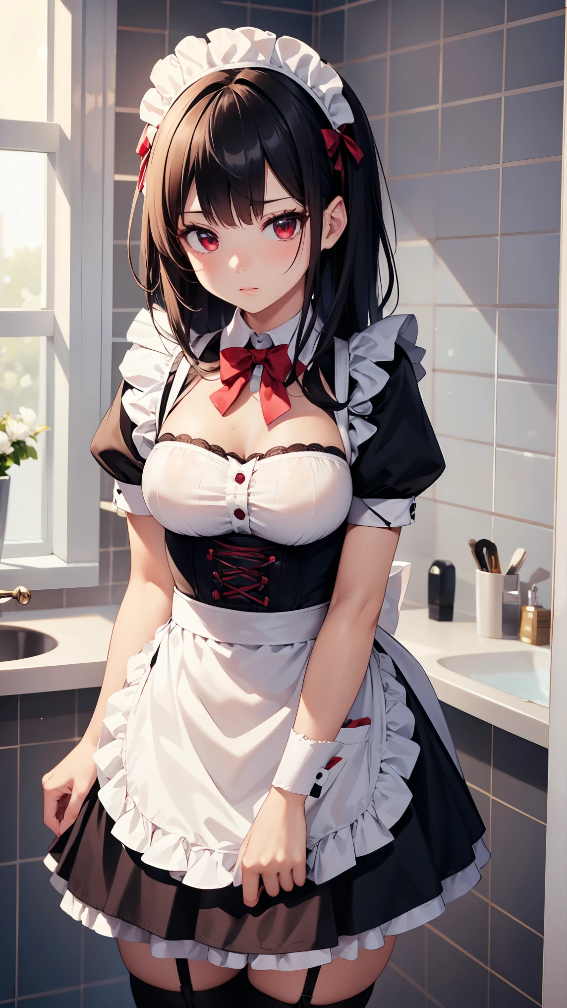 8k high resolution (Super detailed), masterpiece, (Best Quality) Anime Illustration detailed eyes on board, detailed face detailed hands Fine hair very elaborate body、 fine skin 1 girl (maid) very long hair Braided Hair twin tails Red Eyes Button-down shirt apron dress Corset frill skirt Headdress garter belt black high socks Tie ribbon Black gloves raised see here Gentle Expression shower room Bathing