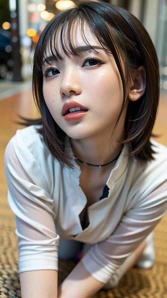 nsfw, Attractive face ,   face focus   , Open Wide, Large amounts of condensed milk in the mouth,(  happy  ),Off the street  ,   seductive woman,On the floor,throw,   looking up at the viewer   ,  off-the-shoulder white shirt with bright orange hair ,  Open Front Cardigan ,Adult women,  Small breastsの谷間、  small breasts、  anatomically accurate ,   high resolution model ,  