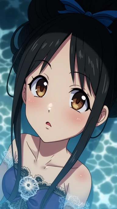 Make a mermaid anime art with black straight hair, no bangs with blue highlights, Brown eyes, Fair skin,Siren gills replace human ears, in the water looking elsewhere. Majestic.