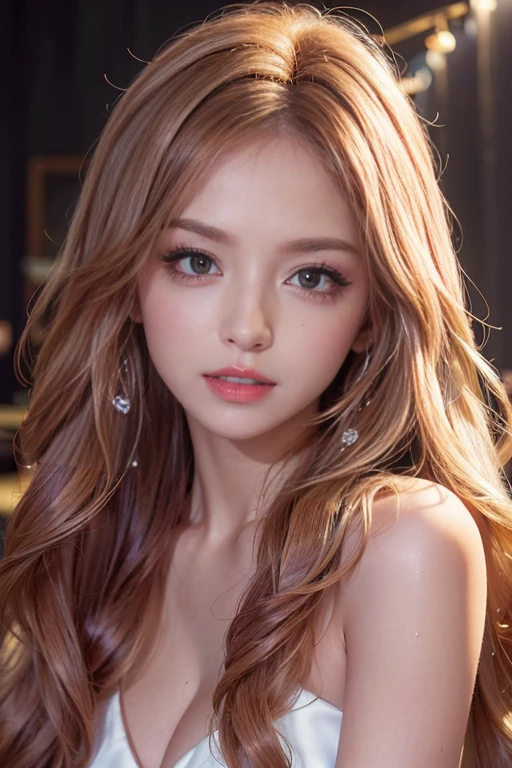 ((highest quality, Super high resolution、the most complex and detailed depiction:1.3))、(Very bright lighting:1.1)、Beautiful woman in a satin bodycon、(long wavy hair:1.05), (accurate anatomy:1.1)、color contacts、perfect makeup、long eyelashes、lipstick、highly saturated eyeshadow、perfect fit、emphasize body line、(big and full breasts:1.1)、perfect satin bodycon、blurred background, look at me:1.2、The background is club floor、(Super high-resolution lustrous, fair-skinned skin:1.1)、Ultra-high resolution face、super high resolution hair、Super high resolution sparkling eyes、Super high resolution glossy shiny lips、(very brightly illuminated fair skin:1.1)、Beautiful face drawn in great detail、Super high resolution perfect beautiful teeth、(very bright and vivid:1.1)