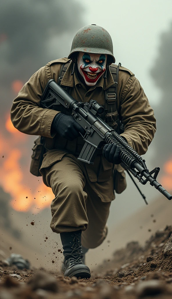 On the battlefield of gun smoke，Um Policial com o rosto de caveira sinistra, com um sorriso torcido，Com dois punhais，Com um fusil nas costas,  Stepping on a psychopathic clown, Hide behind soldiers' backs，Ataque nas sombras，Assassinos，assassinato，arte de splash do personagem，A arte do assassinato，Credo dos Assassinos. Make sure there is no noise and that the lines are thick and sharp like contour art, (((pose interagindo e se apoiando [em uma objeto|em algo no ambiente]))), foco em um quadro vertical da imagem."((full body):1.5). 16k, UHD, best possible quality, ((best possible detail):1), best possible resolution, Unreal Engine 5, professional photography, ((Batman)), perfect_hands, (perfeito:1.2)