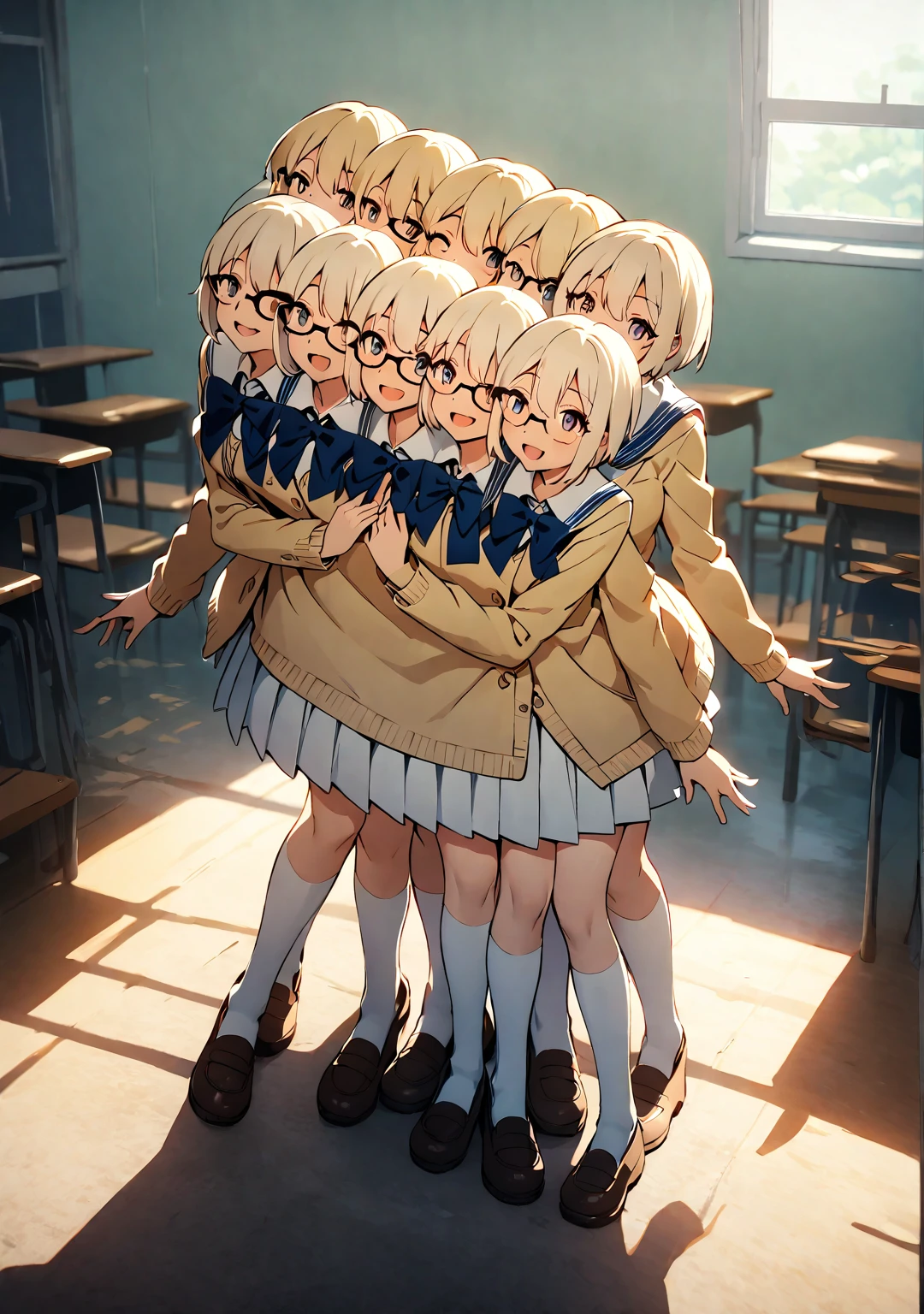 (masterpiece, best quality), best resolution, 16k, full body shot, perspective view, front lighting, (******girl, student, JK), 1girl, solo, (two heads, three heads: 1.5), (open eyes, open mouth, happy, smiling, wearing glasses), clean thick and thin lines, ribbons, anime cinematic, soft lighting, soft colors, digital painting, highly detailed, detailed shadow, in the classroom, many desks