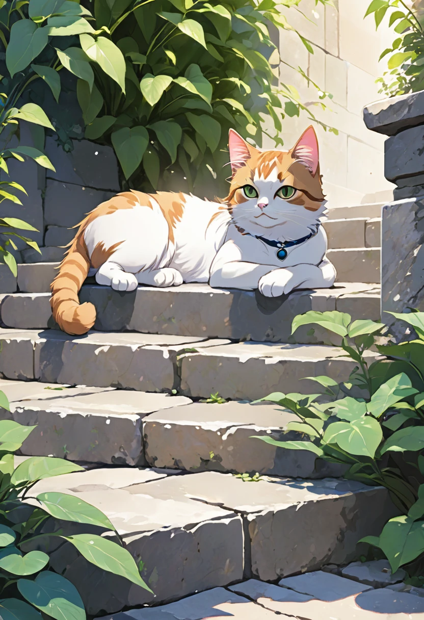 A cat relaxing on stone steps, cool cat, anime style