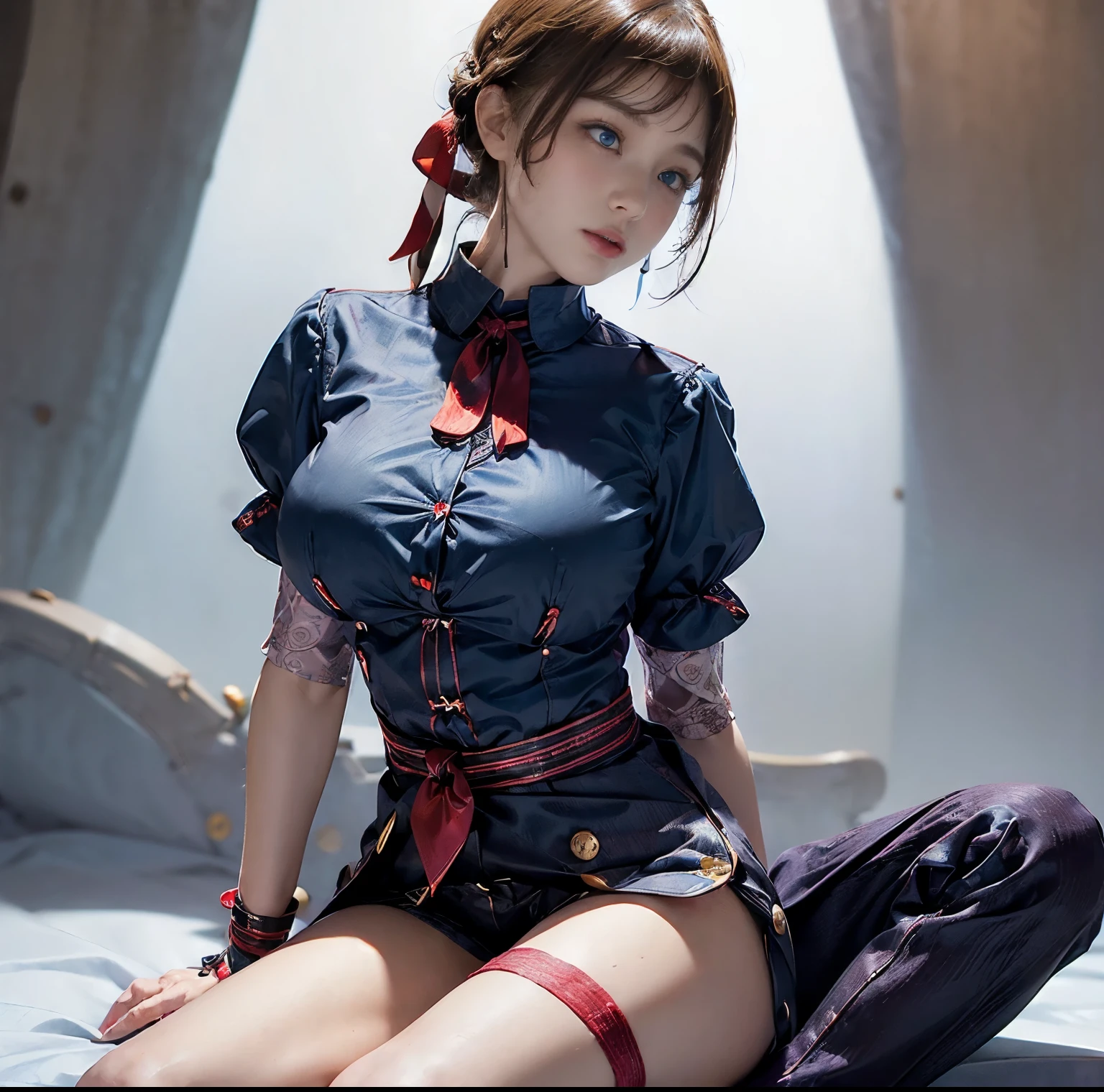 Top image quality、8K picture quality、hightquality、Detailed picture、1girll、独奏、full body Esbian、Kasumi、light brown hair、poneyTail、Tie your hair with a yellow ribbon、A smile、Embarrassing、red blush、Colossal tits、(protrusion at the tip of the chest)、(The best body of the whole body))、(Nipple sheer:1.2)、((NSFW underwear:1.6)、(Stick hard into the crotch:1.4)、(Treat the crotch:1.3)、((Lying in bed))、(((open the legs widely)))、protrude your hips forward、((Lace Top Knee High Stockings:1.3))、Brown loafers、gazing at viewer、Facing the viewer、(Keep your feet open to your audience:1.2)、(Bend your knees:1.2)、white thighhig、 inside in room、 (on the bed:1.1)、(Inter-strands:1.2)、(Very low camera angle:l.5)、(Close up from the crotch、profetional lighting、Frontal shot